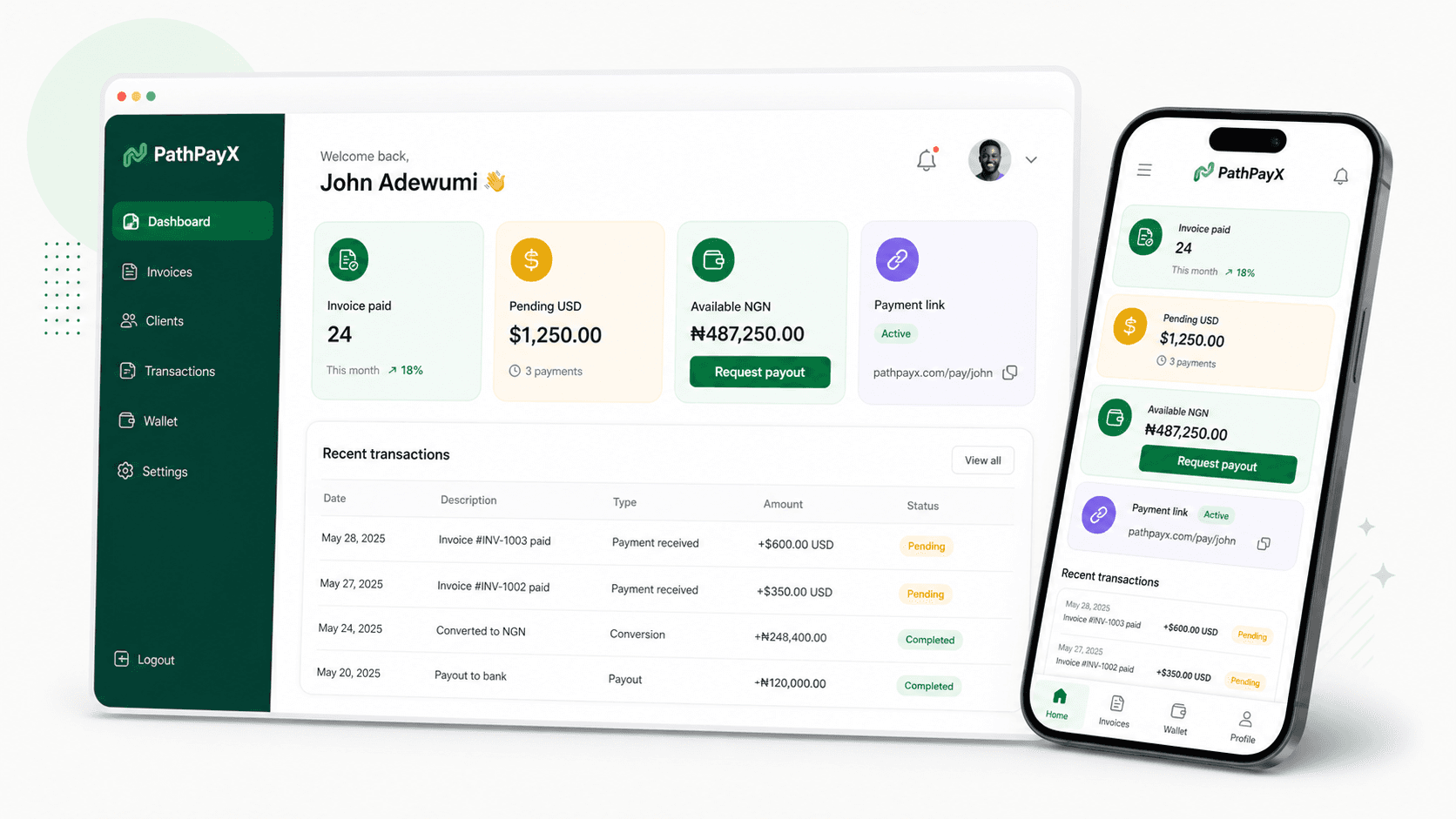 PathPayX dashboard and mobile wallet preview